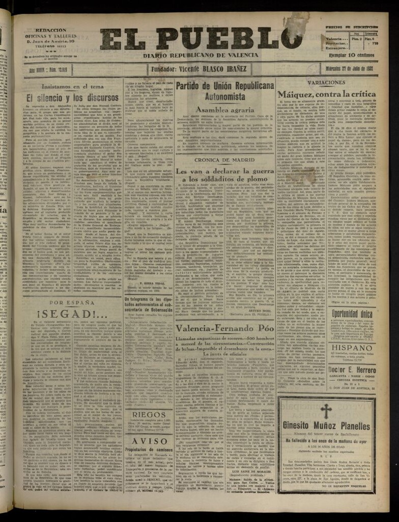 Miniatura de El Pueblo : Diario republicano de Valencia del 27 de julio de 1932, nº 13.819