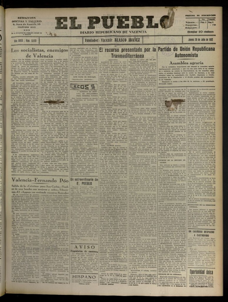 Miniatura de El Pueblo : Diario republicano de Valencia del 28 de julio de 1932, nº 13.820