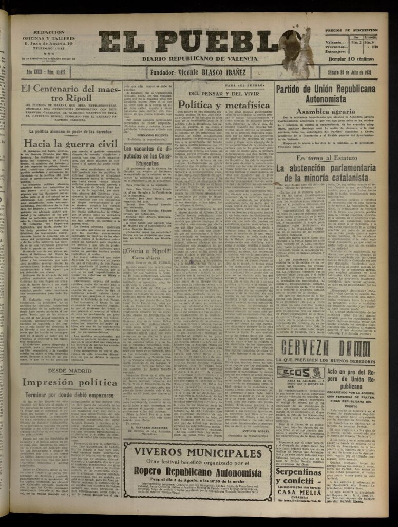 Miniatura de El Pueblo : Diario republicano de Valencia del 30 de julio de 1932, nº 13.822