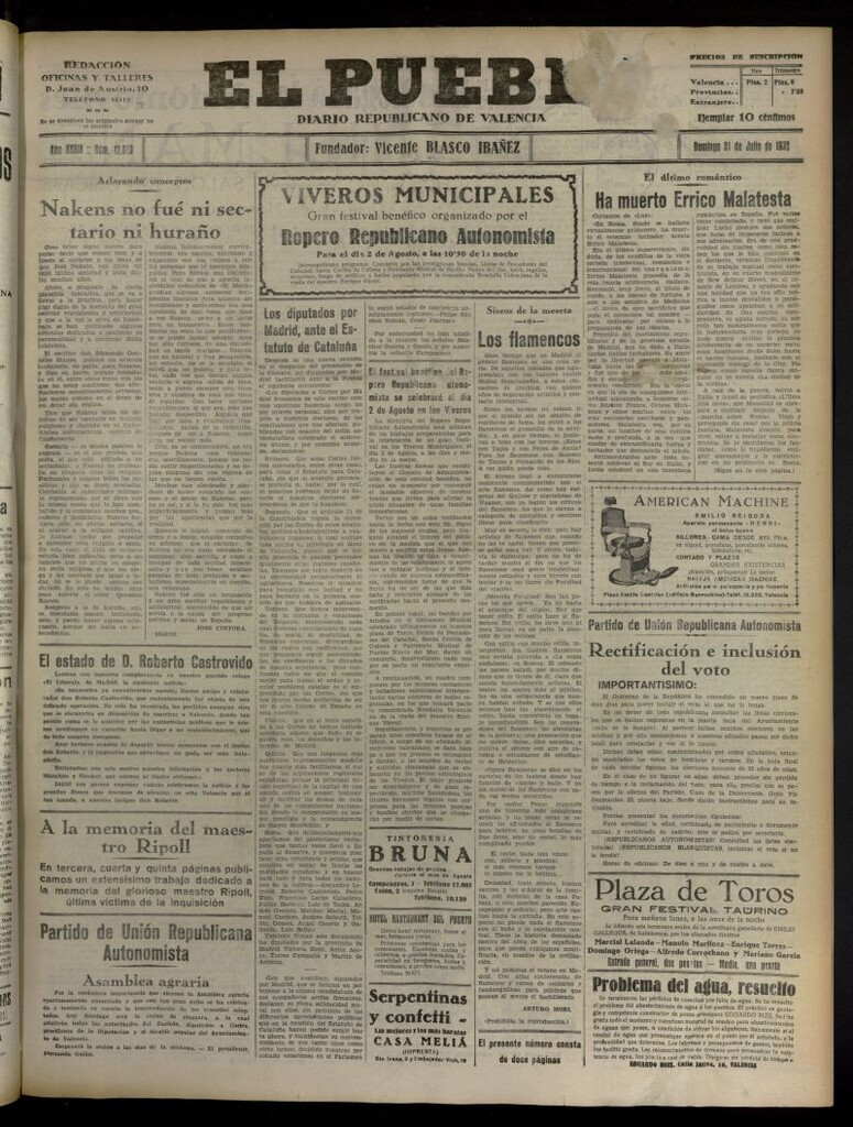 Miniatura de El Pueblo : Diario republicano de Valencia del 31 de julio de 1932, nº 13.823