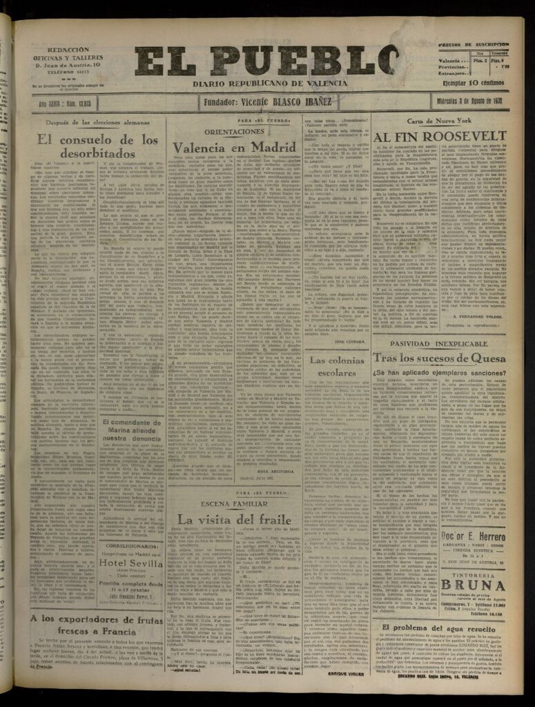 Miniatura de El Pueblo : Diario republicano de Valencia del 3 de agosto de 1932, nº 13.825