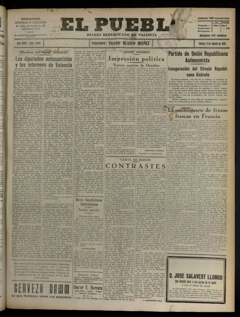 Miniatura de El Pueblo : Diario republicano de Valencia del 5 de agosto de 1932, nº 13.827