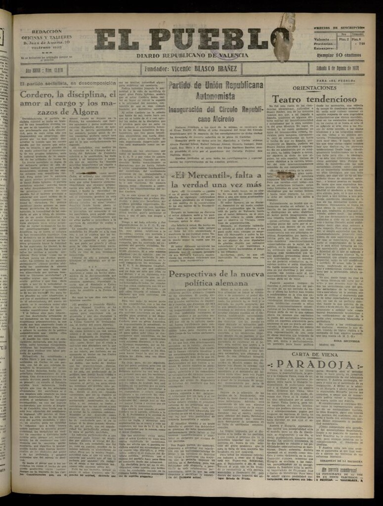 Miniatura de El Pueblo : Diario republicano de Valencia del 6 de agosto de 1932, nº 13.828