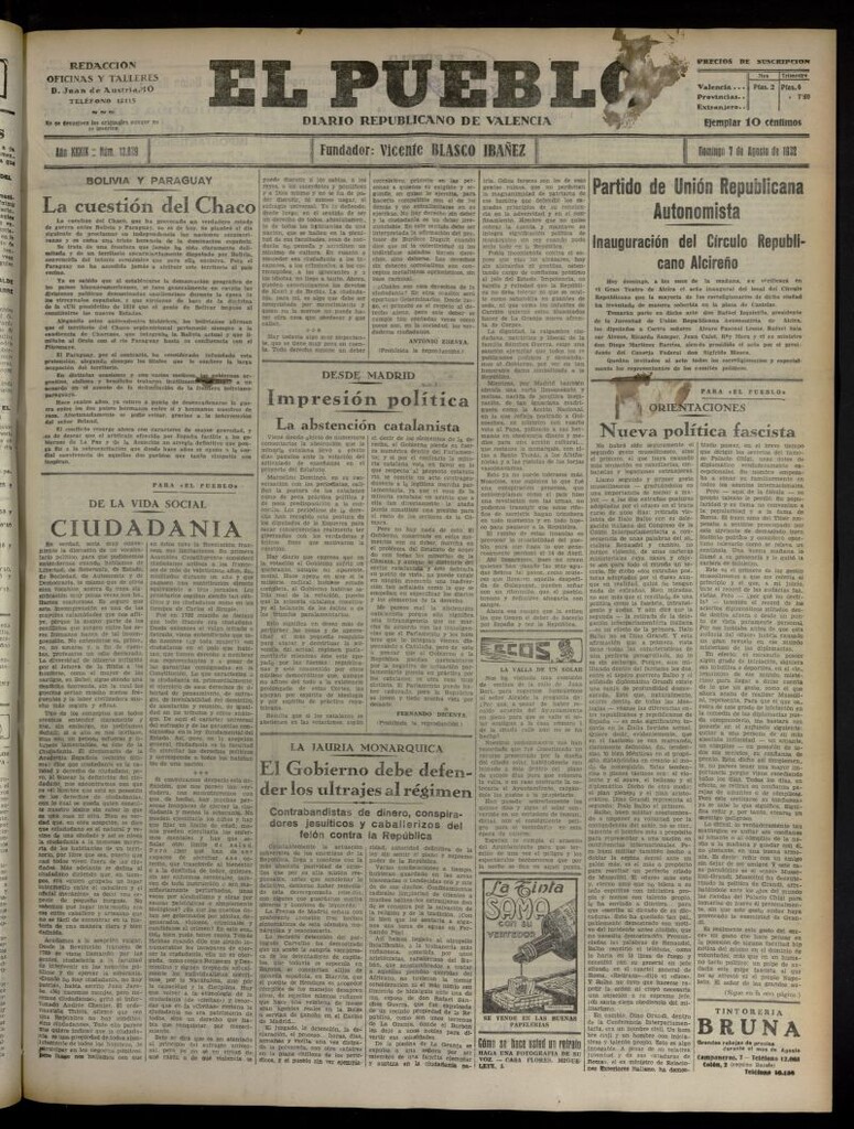 Miniatura de El Pueblo : Diario republicano de Valencia del 7 de agosto de 1932, nº 13.829
