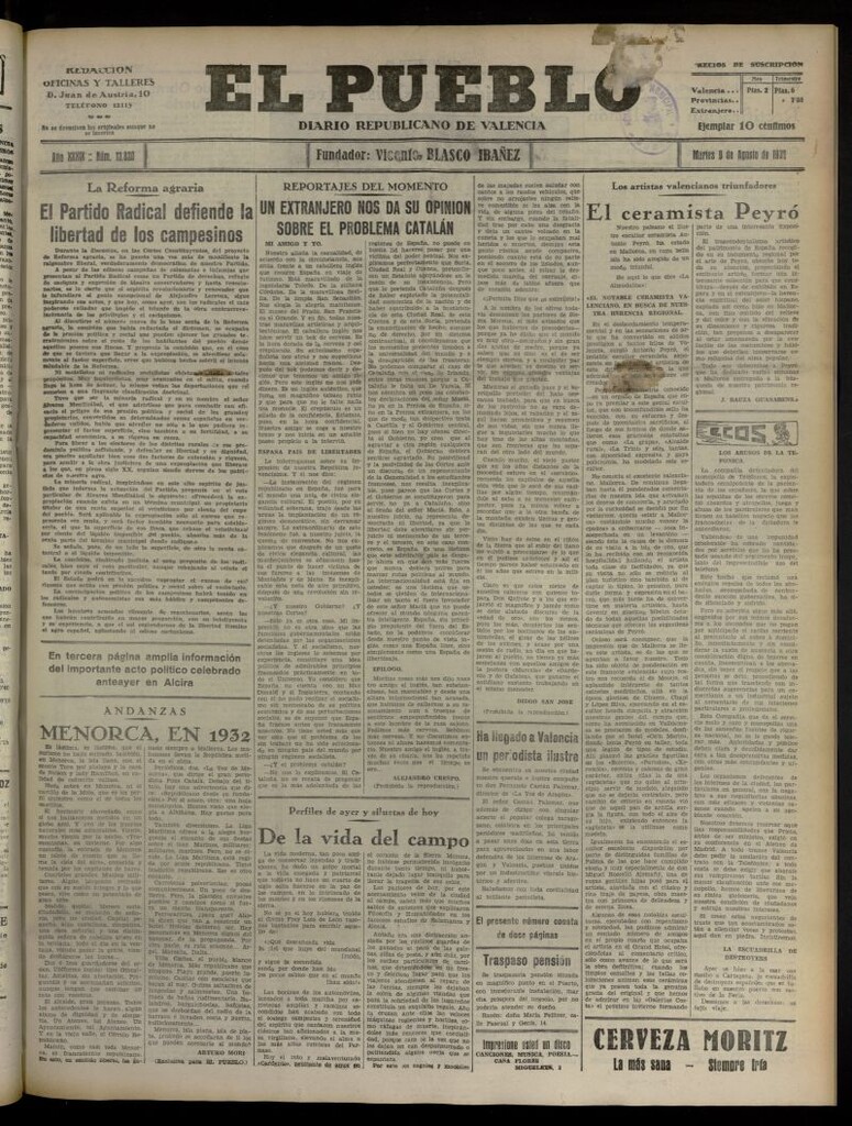 Miniatura de El Pueblo : Diario republicano de Valencia del 9 de agosto de 1932, nº 13.830