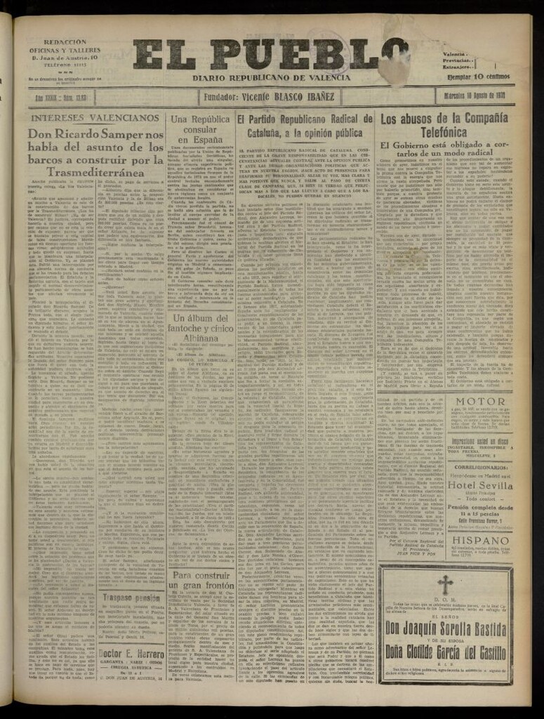 Miniatura de El Pueblo : Diario republicano de Valencia del 10 de agosto de 1932, nº 13.831