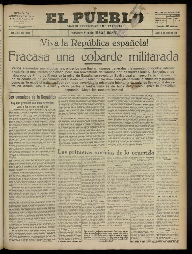 Miniatura de El Pueblo : Diario republicano de Valencia del 11 de agosto de 1932, nº 13.832