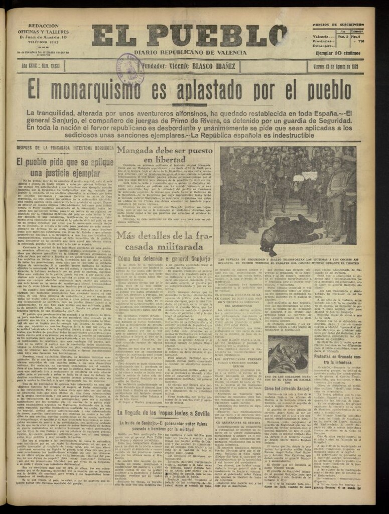 Miniatura de El Pueblo : Diario republicano de Valencia del 12 de agosto de 1932, nº 13.833