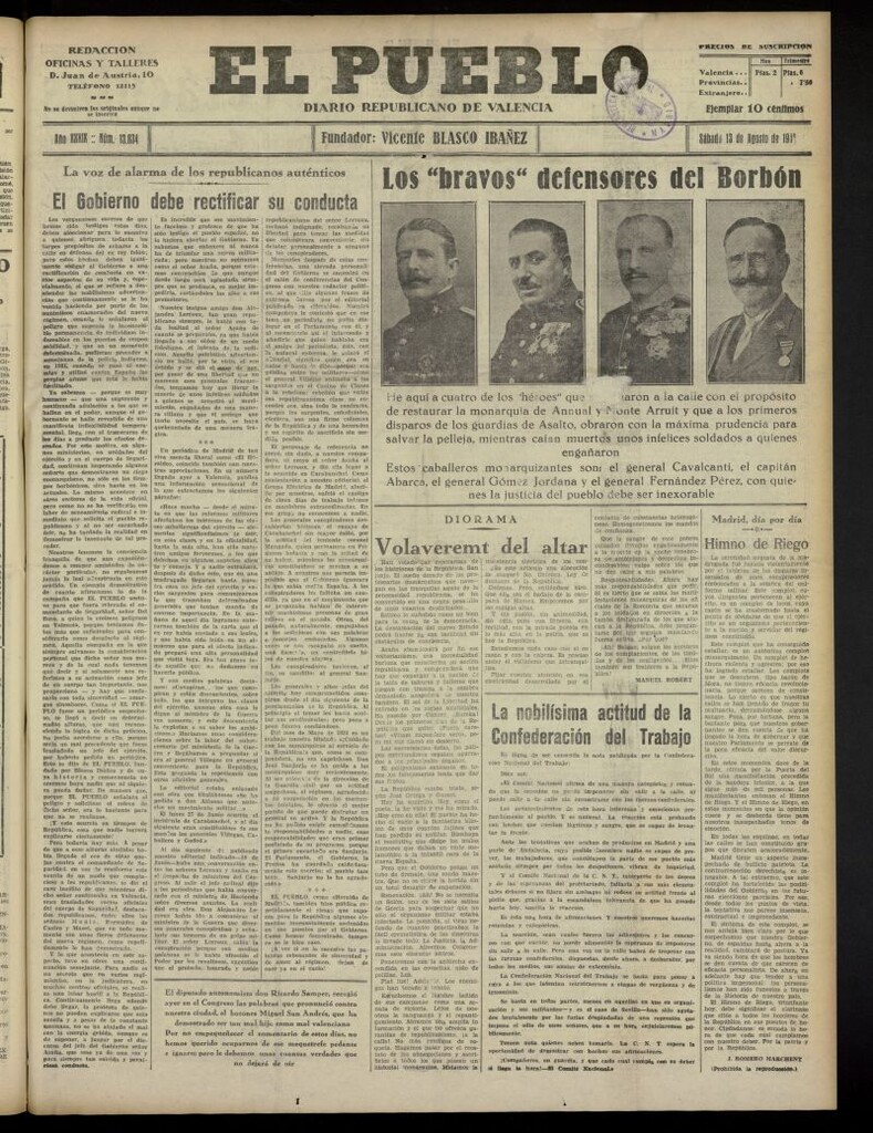 Miniatura de El Pueblo : Diario republicano de Valencia del 13 de agosto de 1932, nº 13.834
