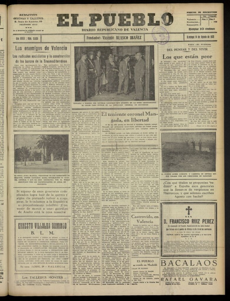 Miniatura de El Pueblo : Diario republicano de Valencia del 14 de agosto de 1932, nº 13.835
