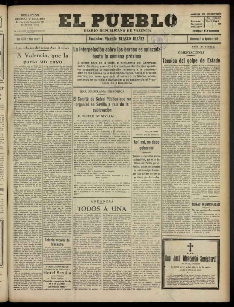 Miniatura de El Pueblo : Diario republicano de Valencia del 17 de agosto de 1932, nº 13.837