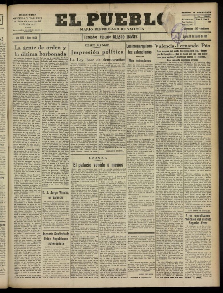 Miniatura de El Pueblo : Diario republicano de Valencia del 18 de agosto de 1932, nº 13.838