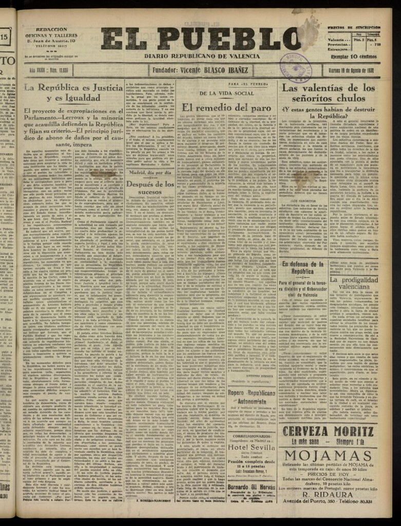 Miniatura de El Pueblo : Diario republicano de Valencia del 19 de agosto de 1932, nº 13.839