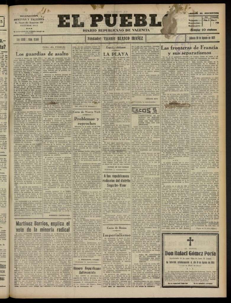 Miniatura de El Pueblo : Diario republicano de Valencia del 20 de agosto de 1932, nº 13.840