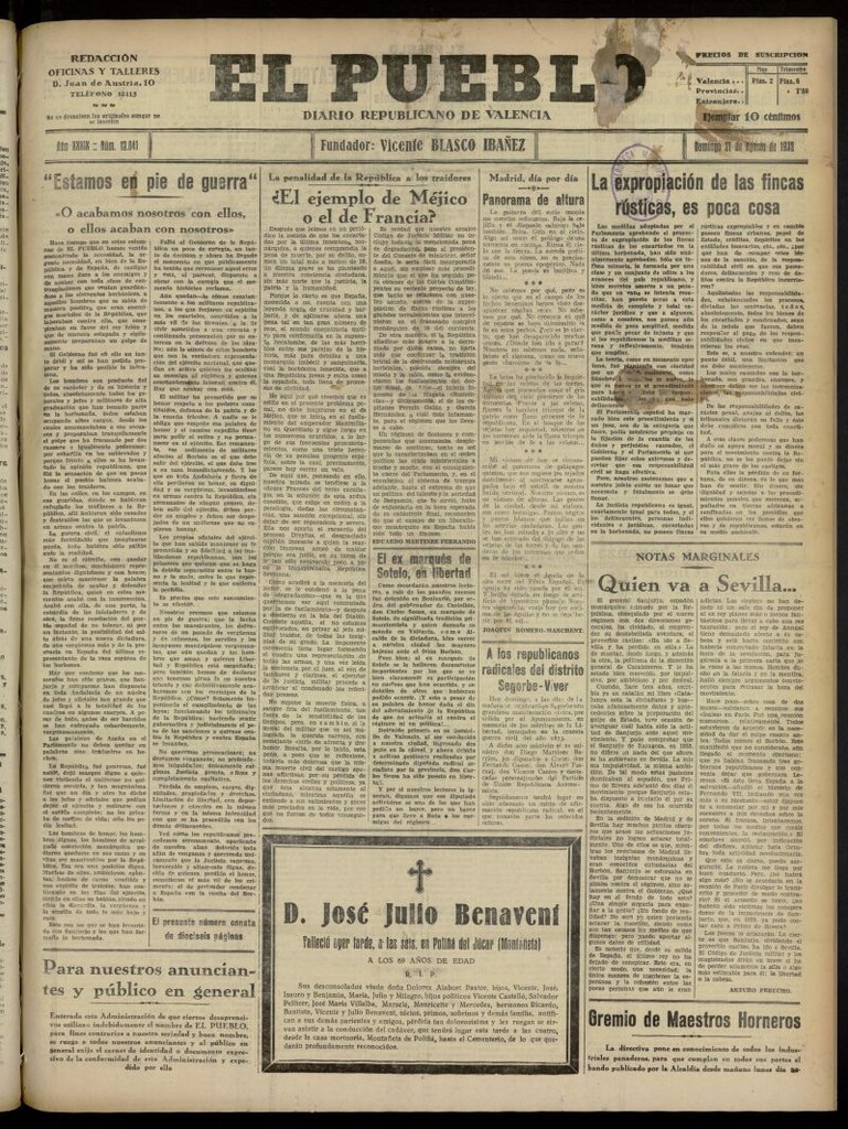Miniatura de El Pueblo : Diario republicano de Valencia del 21 de agosto de 1932, nº 13.841