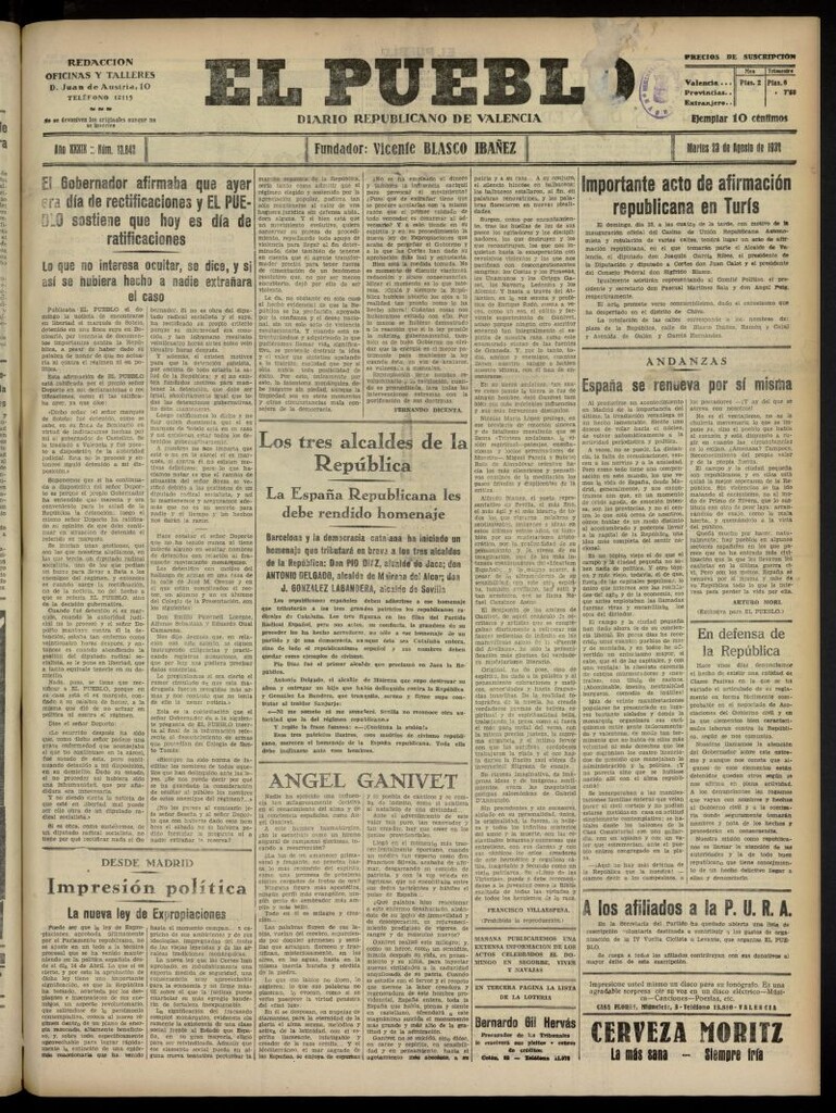 Miniatura de El Pueblo : Diario republicano de Valencia del 23 de agosto de 1932, nº 13.842