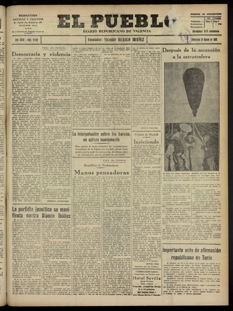 Miniatura de El Pueblo : Diario republicano de Valencia del 24 de agosto de 1932, nº 13.843