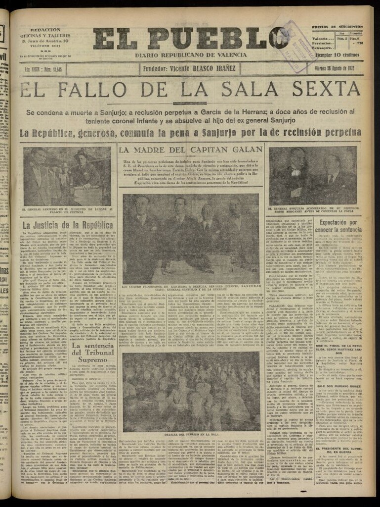 Miniatura de El Pueblo : Diario republicano de Valencia del 26 de agosto de 1932, nº 13.845
