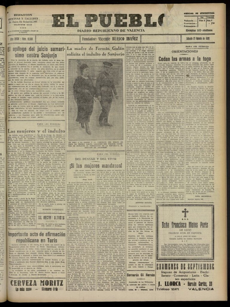 Miniatura de El Pueblo : Diario republicano de Valencia del 27 de agosto de 1932, nº 13.846