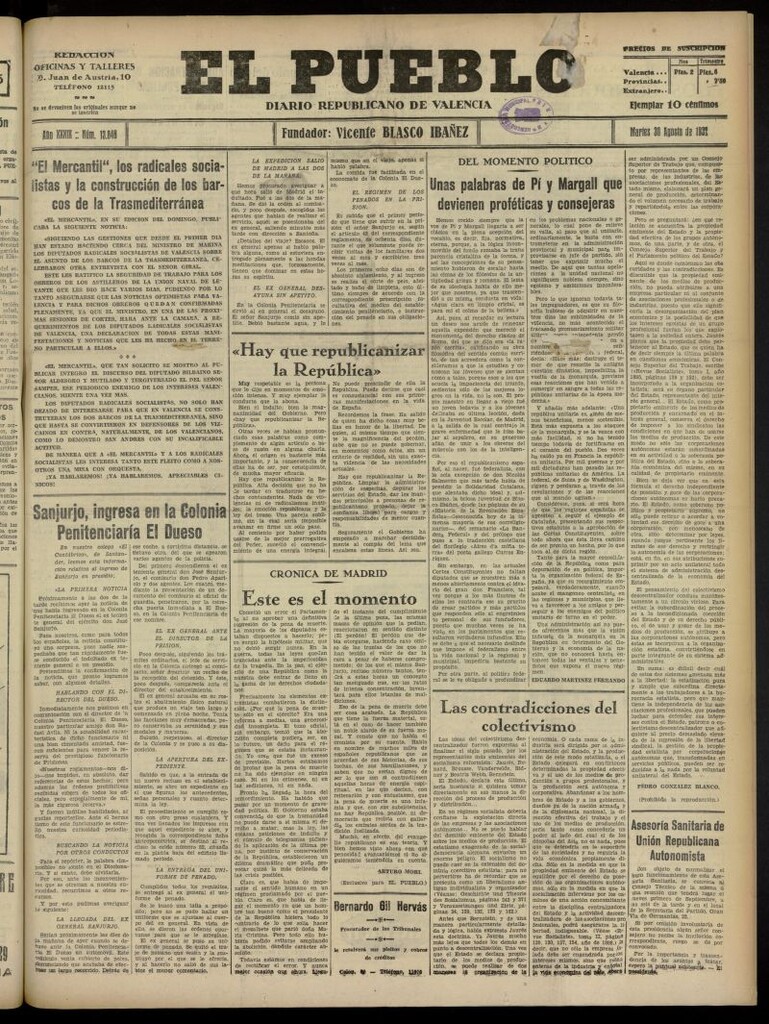 Miniatura de El Pueblo : Diario republicano de Valencia del 30 de agosto de 1932, nº 13.848