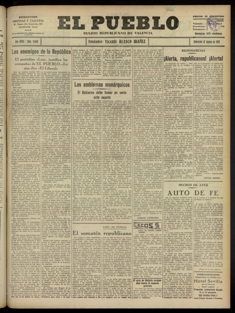 Miniatura de El Pueblo : Diario republicano de Valencia del 31 de agosto de 1932, nº 13.849