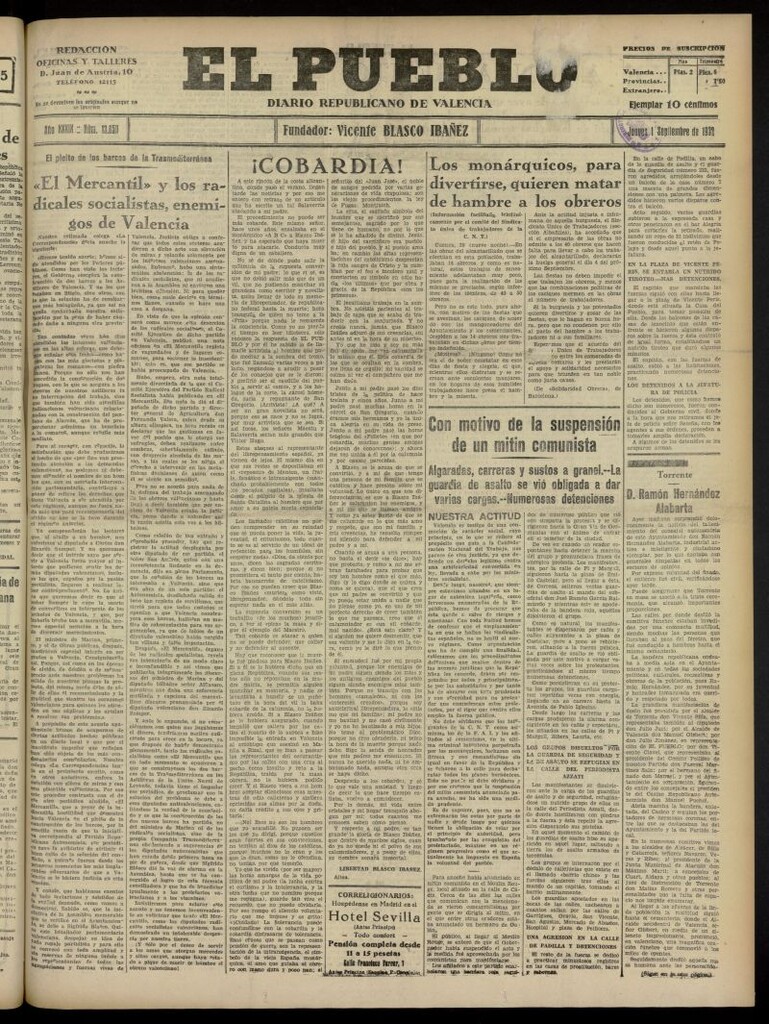 Miniatura de El Pueblo : Diario republicano de Valencia del 1 de septiembre de 1932, nº 13.850