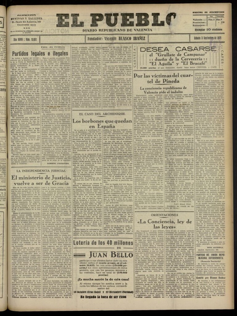 Miniatura de El Pueblo : Diario republicano de Valencia del 3 de septiembre de 1932, nº 13.852