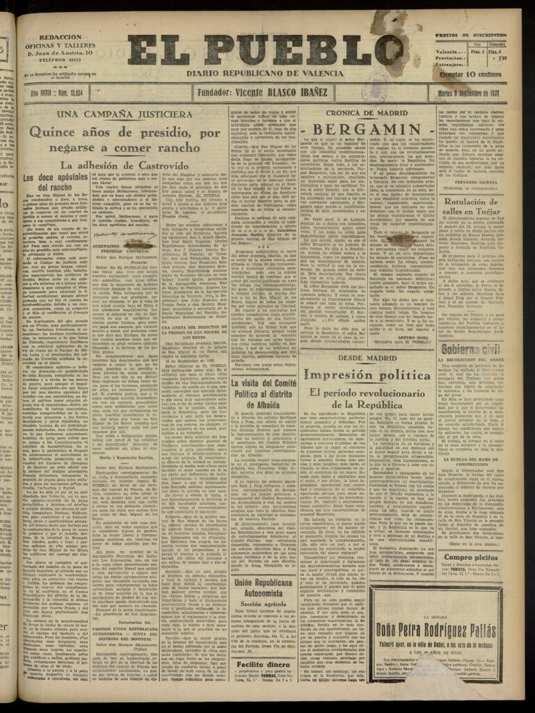 Miniatura de El Pueblo : Diario republicano de Valencia del 6 de septiembre de 1932, nº 13.854