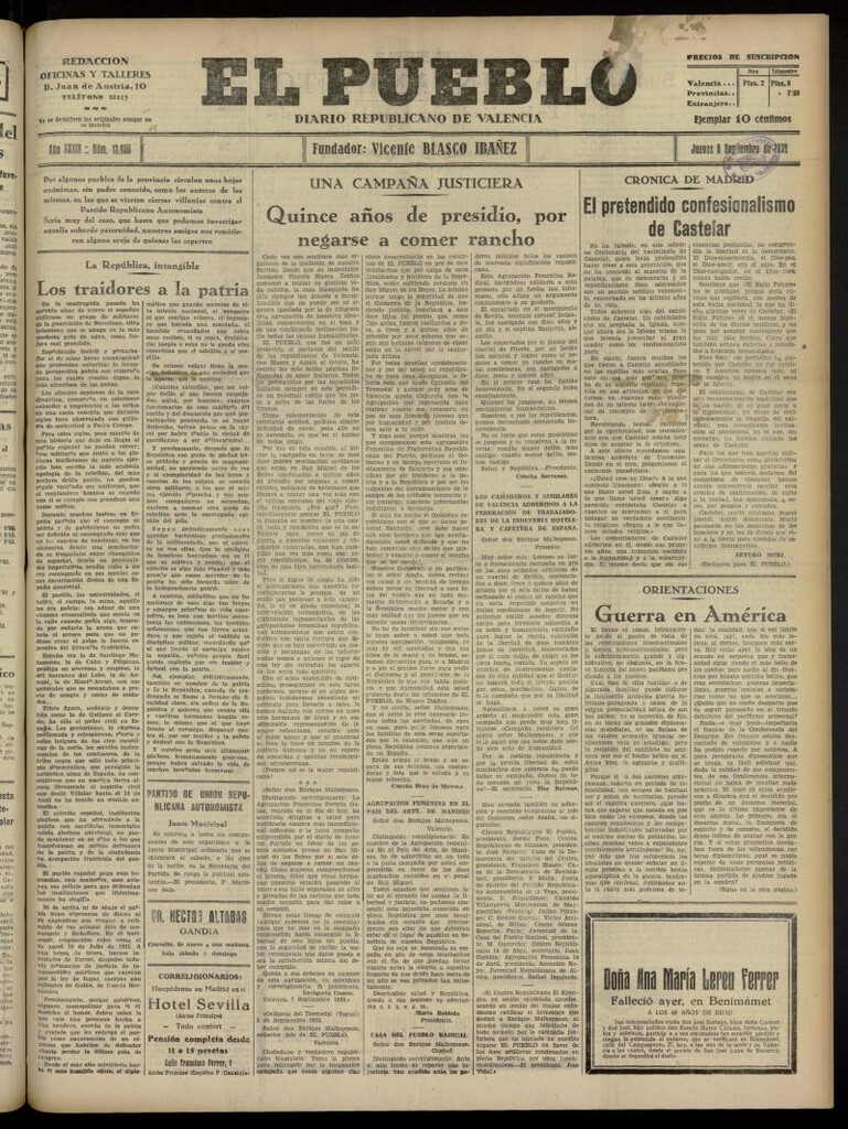 Miniatura de El Pueblo : Diario republicano de Valencia del 8 de septiembre de 1932, nº 13.856