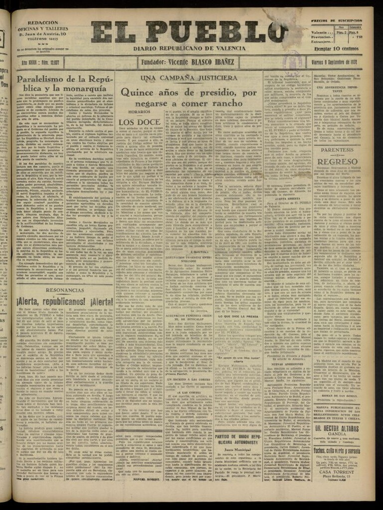 Miniatura de El Pueblo : Diario republicano de Valencia del 9 de septiembre de 1932, nº 13.857