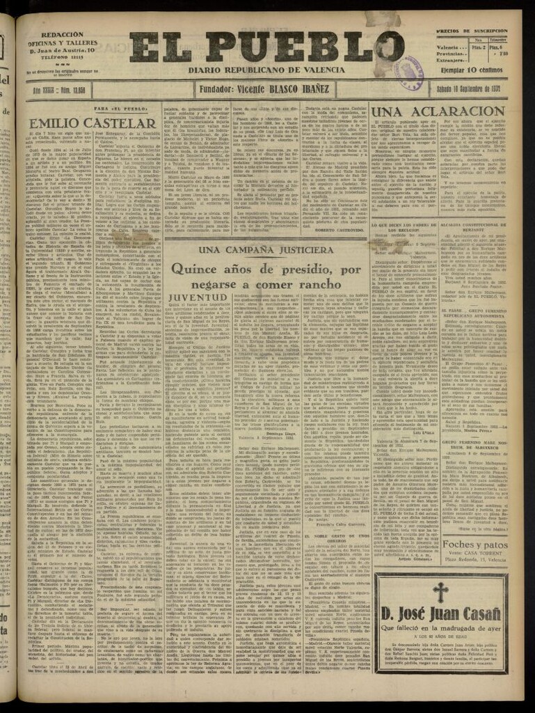 Miniatura de El Pueblo : Diario republicano de Valencia del 10 de septiembre de 1932, nº 13.858