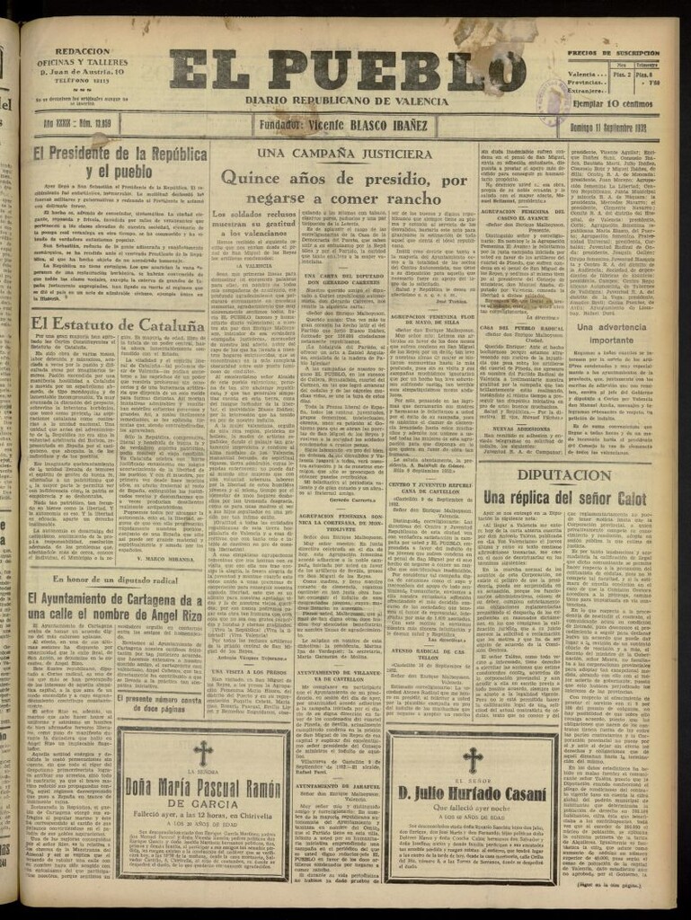 Miniatura de El Pueblo : Diario republicano de Valencia del 11 de septiembre de 1932, nº 13.859