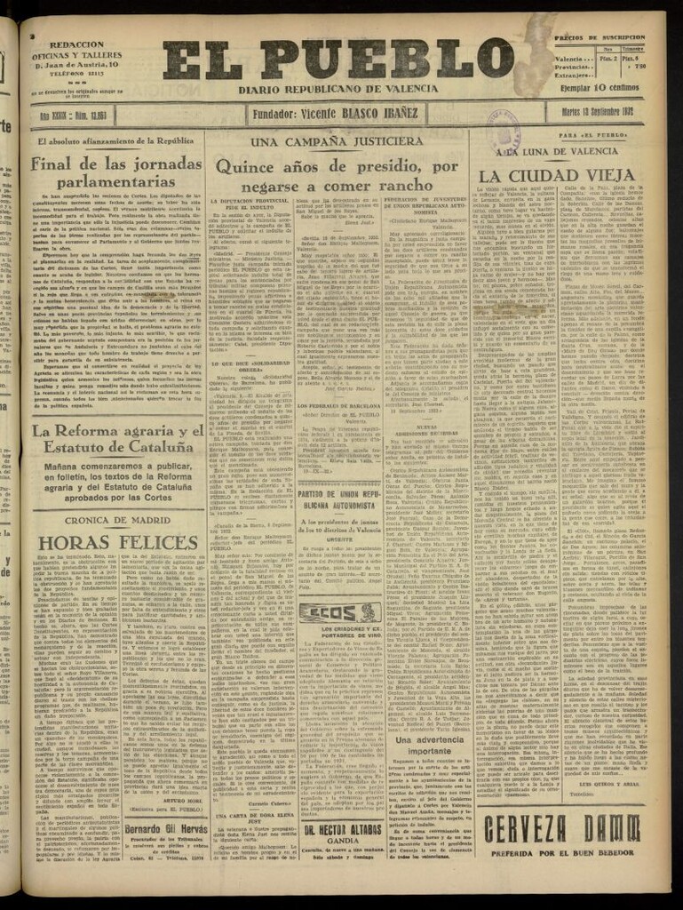 Miniatura de El Pueblo : Diario republicano de Valencia del 13 de septiembre de 1932, nº 13.860