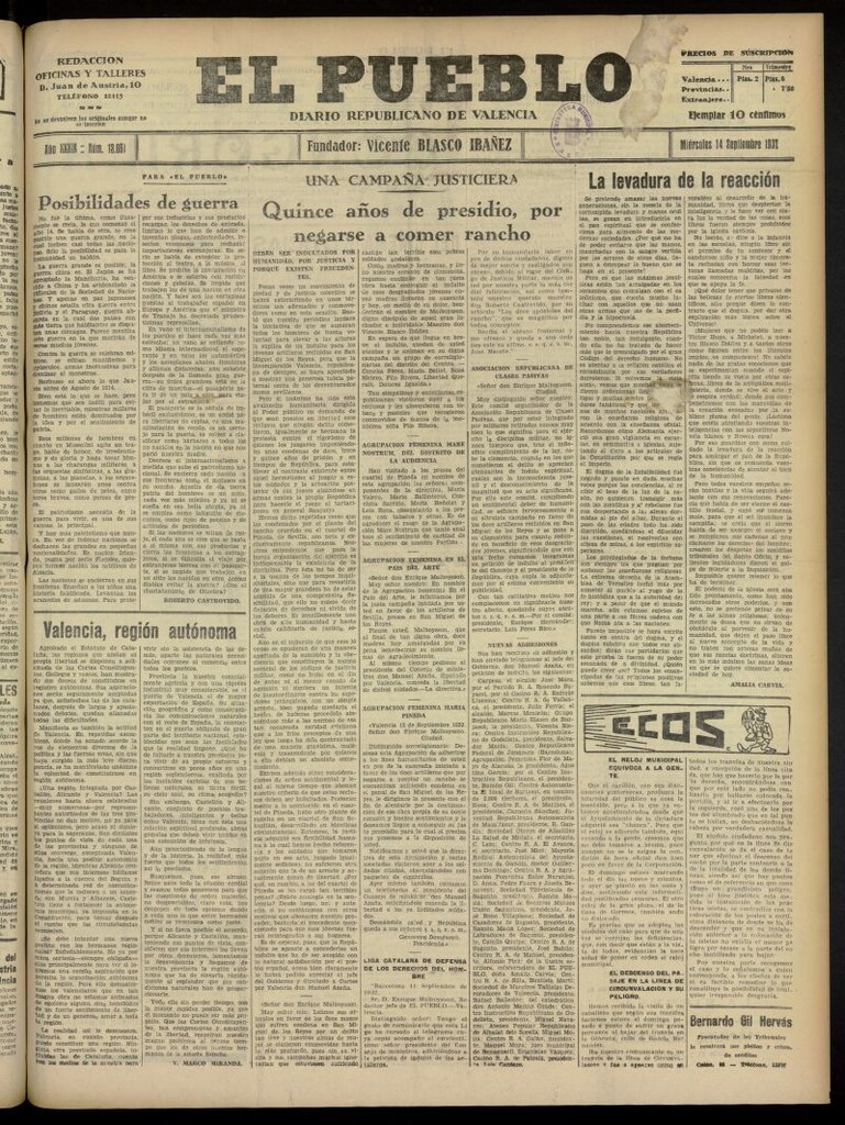 Miniatura de El Pueblo : Diario republicano de Valencia del 14 de septiembre de 1932, nº 13.861