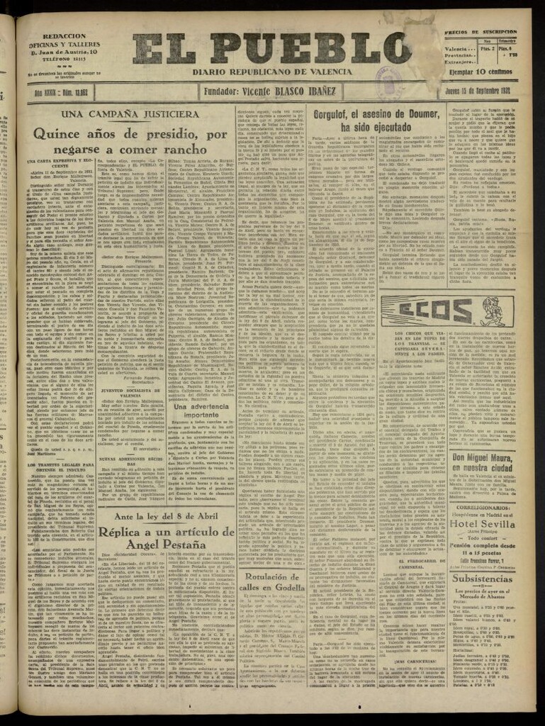 Miniatura de El Pueblo : Diario republicano de Valencia del 15 de septiembre de 1932, nº 13.862