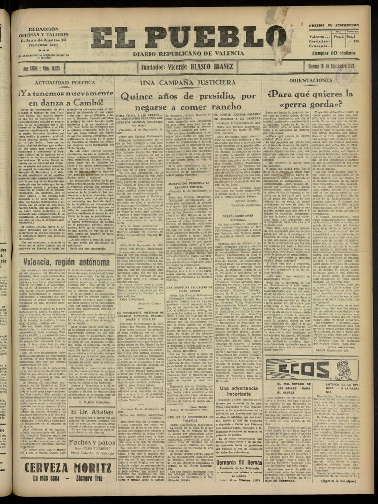 Miniatura de El Pueblo : Diario republicano de Valencia del 16 de septiembre de 1932, nº 13.863