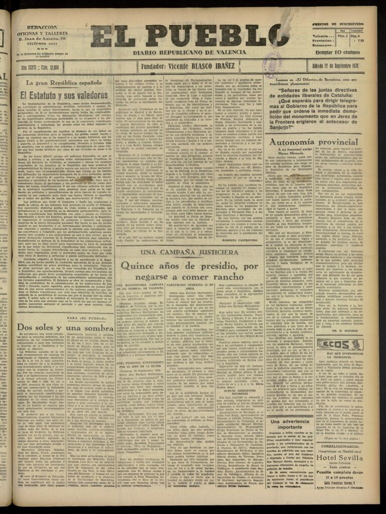 Miniatura de El Pueblo : Diario republicano de Valencia del 17 de septiembre de 1932, nº 13.864
