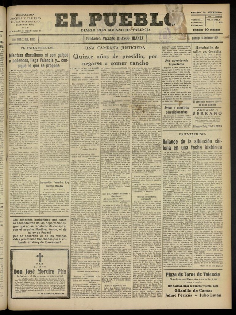 Miniatura de El Pueblo : Diario republicano de Valencia del 18 de septiembre de 1932, nº 13.865