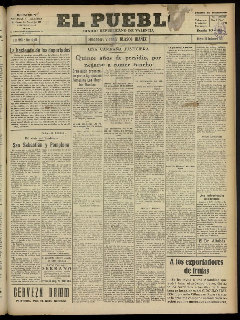 Miniatura de El Pueblo : Diario republicano de Valencia del 20 de septiembre de 1932, nº 13.866