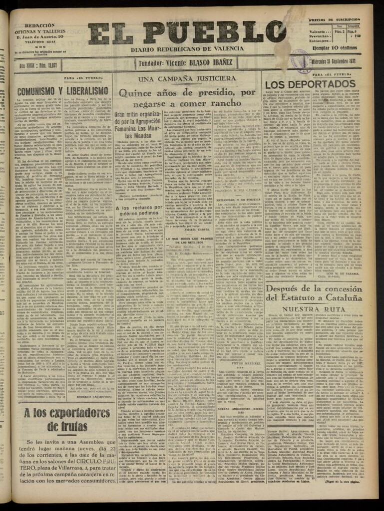 Miniatura de El Pueblo : Diario republicano de Valencia del 21 de septiembre de 1932, nº 13.867