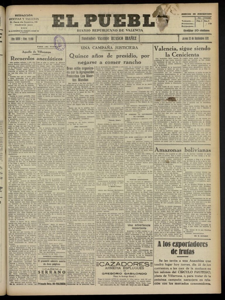 Miniatura de El Pueblo : Diario republicano de Valencia del 22 de septiembre de 1932, nº 13.868