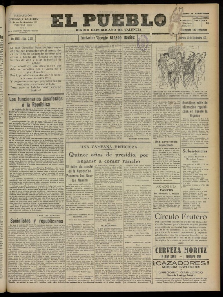 Miniatura de El Pueblo : Diario republicano de Valencia del 23 de septiembre de 1932, nº 13.869