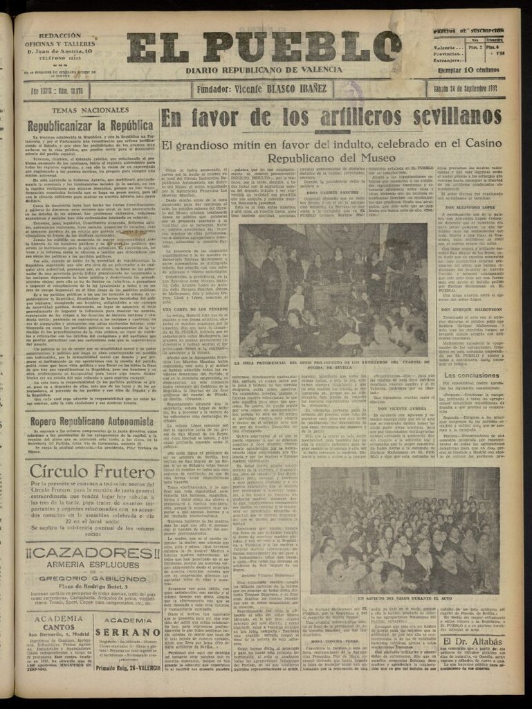 Miniatura de El Pueblo : Diario republicano de Valencia del 24 de septiembre de 1932, nº 13.870
