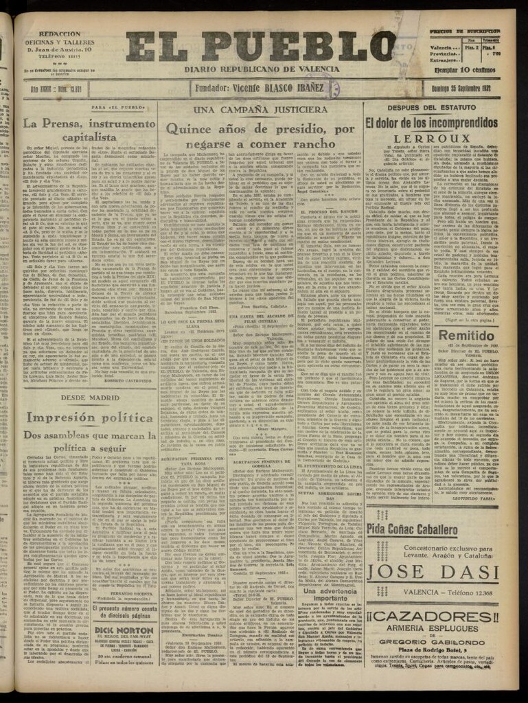 Miniatura de El Pueblo : Diario republicano de Valencia del 25 de septiembre de 1932, nº 13.871