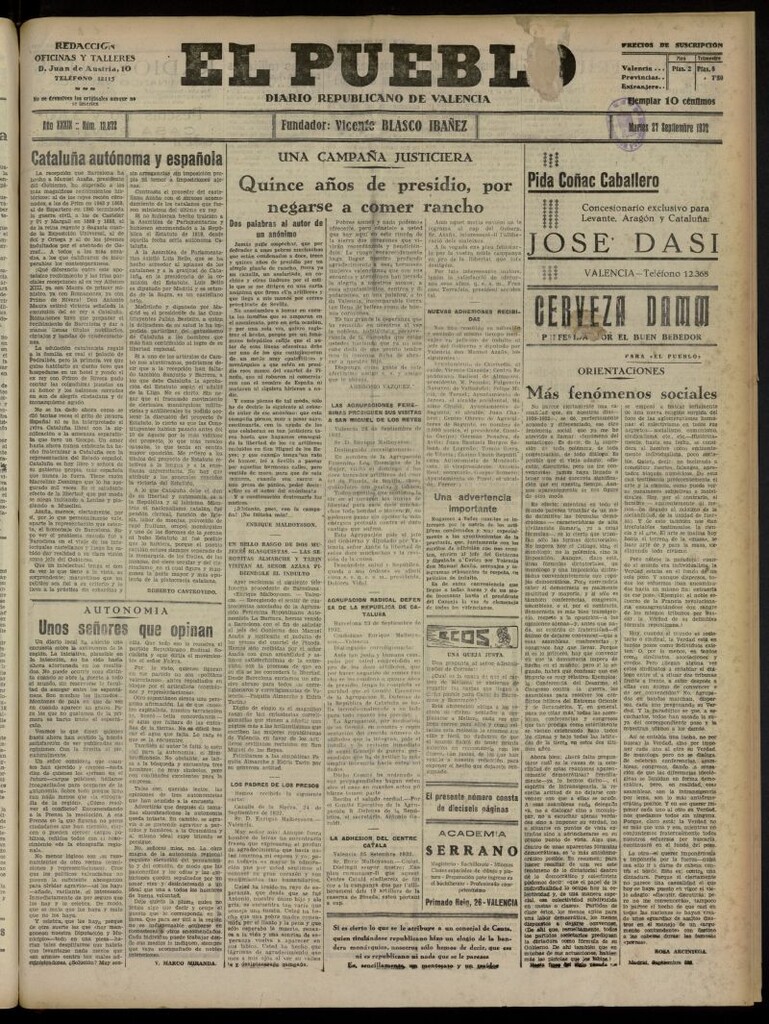 Miniatura de El Pueblo : Diario republicano de Valencia del 27 de septiembre de 1932, nº 13.872