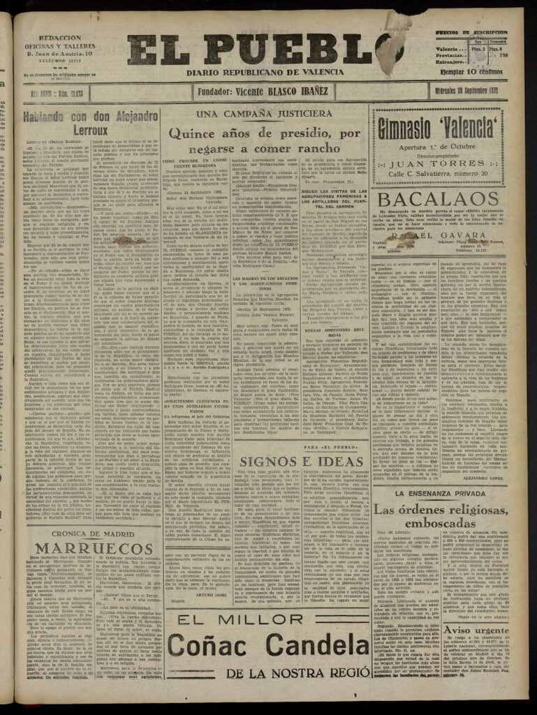 Miniatura de El Pueblo : Diario republicano de Valencia del 28 de septiembre de 1932, nº 13.873