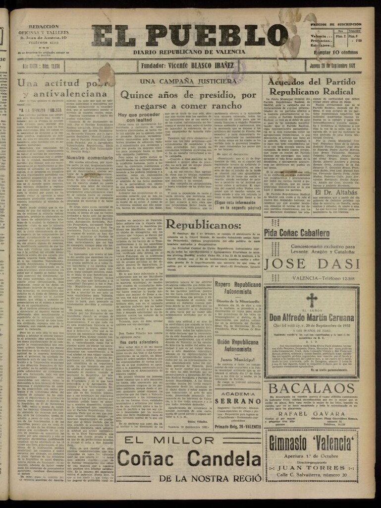 Miniatura de El Pueblo : Diario republicano de Valencia del 29 de septiembre de 1932, nº 13.874