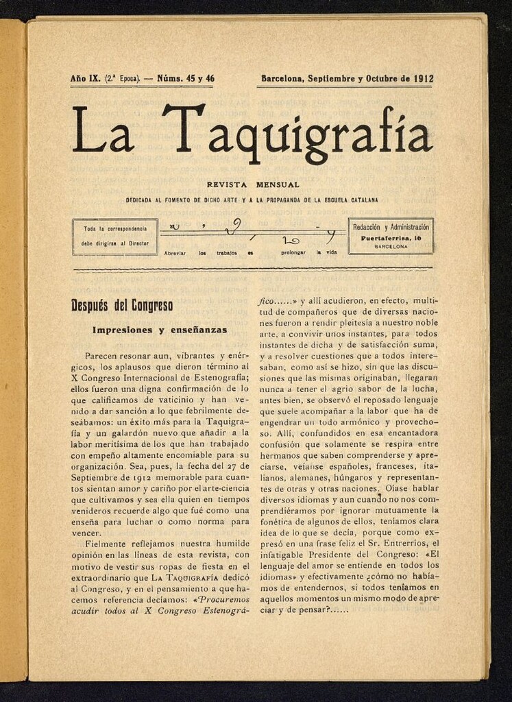 Miniatura de La Taquigrafía. Septiembre y octubre de 1912, nº 45 y 46