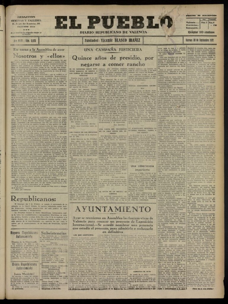 Miniatura de El Pueblo : Diario republicano de Valencia del 30 de septiembre de 1932, nº 13.875