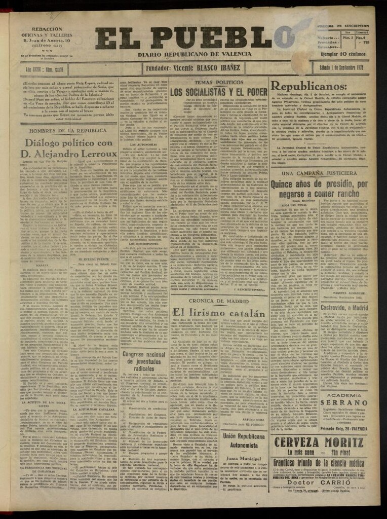 Miniatura de El Pueblo : Diario republicano de Valencia del 1 de septiembre [sic] de 1932, nº 13.876